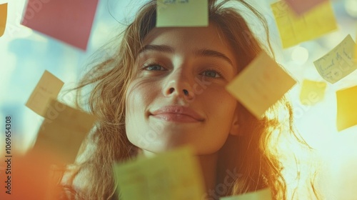 Positive Vibes: A Woman Surrounded by Post-it Notes photo