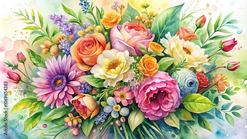 A Colorful Bouquet of Delicate Blossoms, Rendered in Vibrant Watercolor Hues, Showcases the Beauty of Nature's Floral Masterpieces