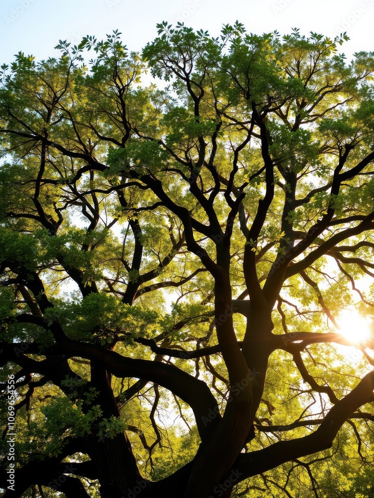 Old oak tree branches covered in vibrant green foliage illuminated by morning sunlight, sunlight rays Old oak tree branches covered in vibrant green foliage illuminated by morning sunlight, sunlight rays