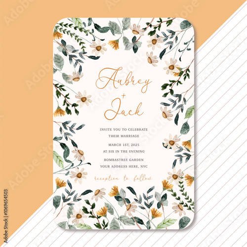 wedding invitation card with white yellow floral watercolor frame