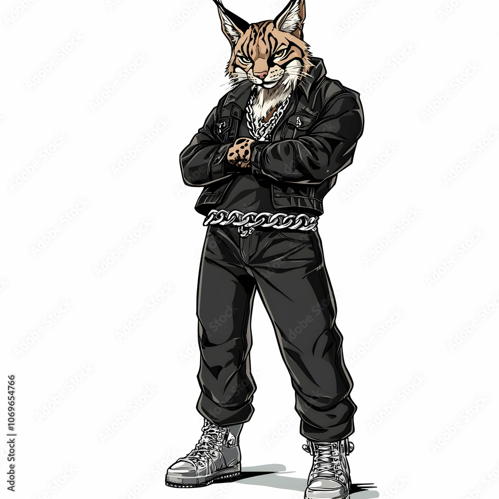 A cool lynx wearing a black leather jacket, black pants, and white boots, standing with his arms crossed. A cool lynx wearing a black leather jacket, black pants, and white boots, standing with his arms crossed.