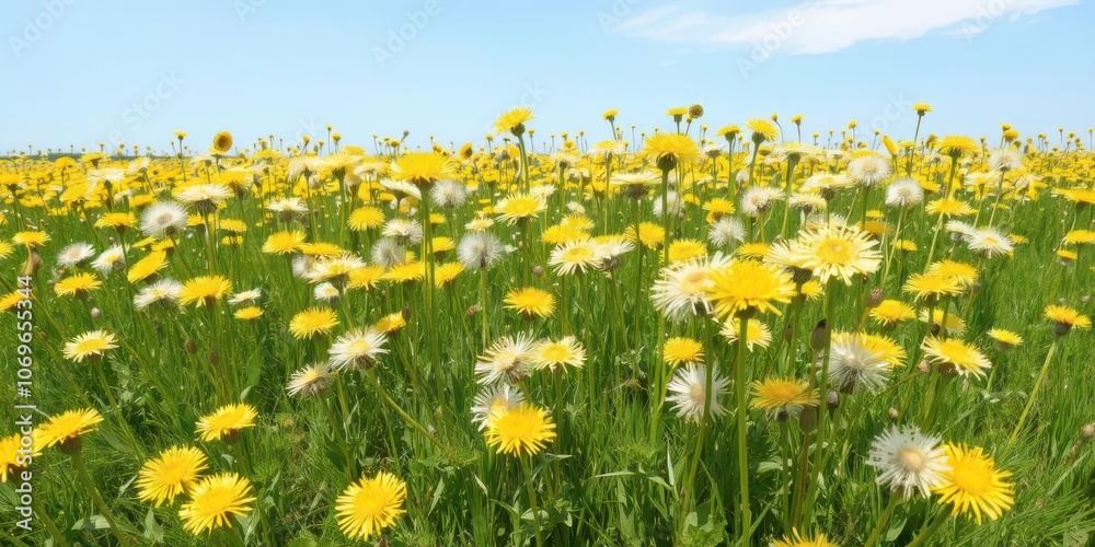 Vibrant field of blooming dandelions under clear blue sky, grass Vibrant field of blooming dandelions under clear blue sky, grass