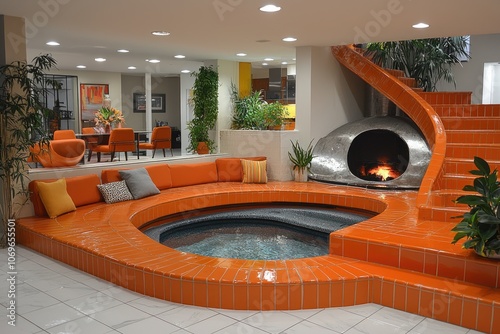 Interior design with a circular orange tiled seating area, a small pool, a fireplace, and a curved staircase. photo