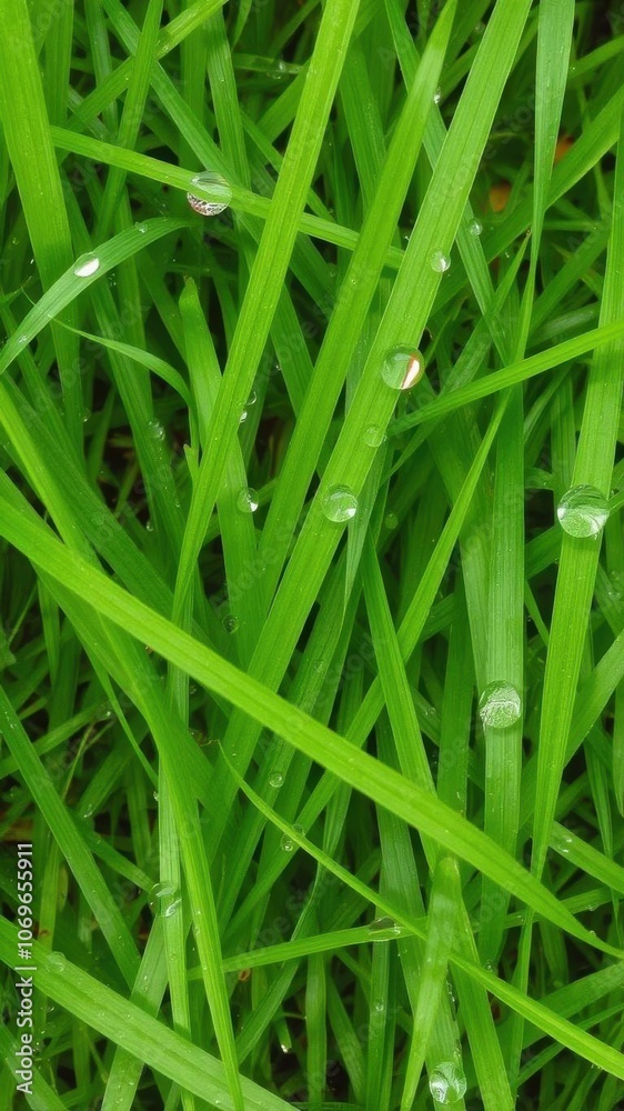 Vibrant green grass background with dew drops, foliage, textured Vibrant green grass background with dew drops, foliage, textured