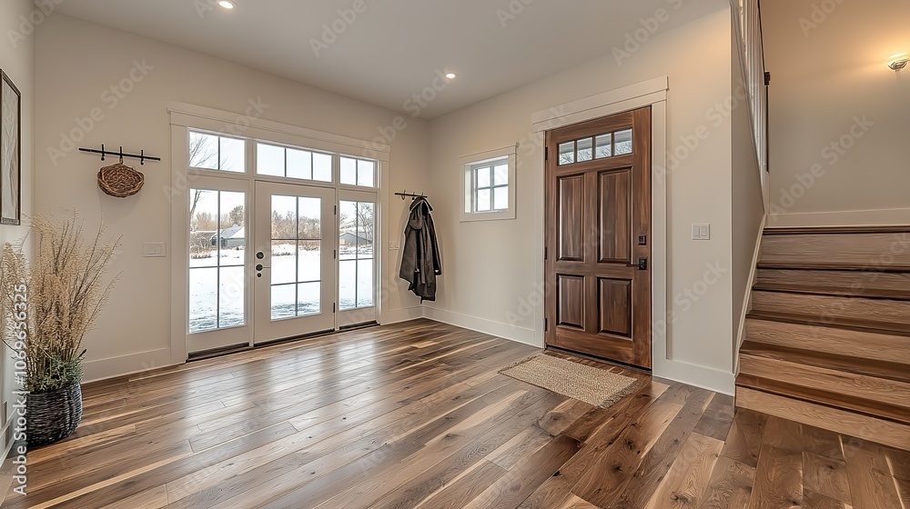Obraz premium The welcoming entryway features a bright foyer with white walls, a dark walnut door, light-colored hardwood floors, and a coat rack creating a friendly, open atmosphere.