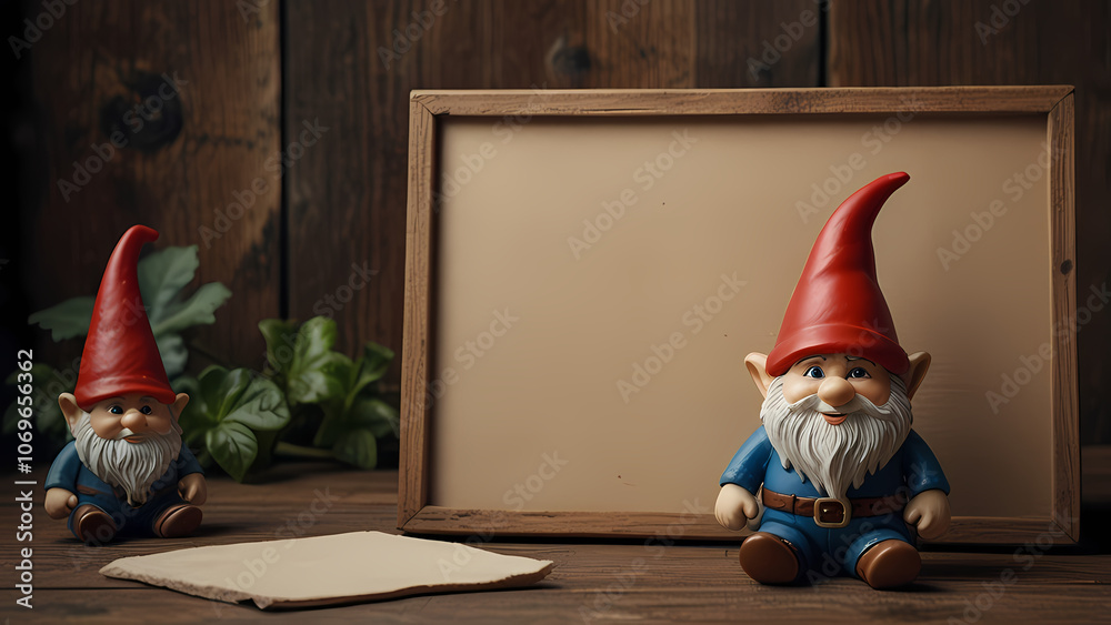 Fototapeta premium Blank Board With Gnomes beside it for Christmas background