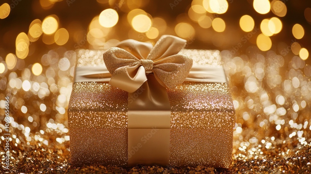 A shimmering gift box adorned with a ribbon, set against a sparkling golden background. A shimmering gift box adorned with a ribbon, set against a sparkling golden background.