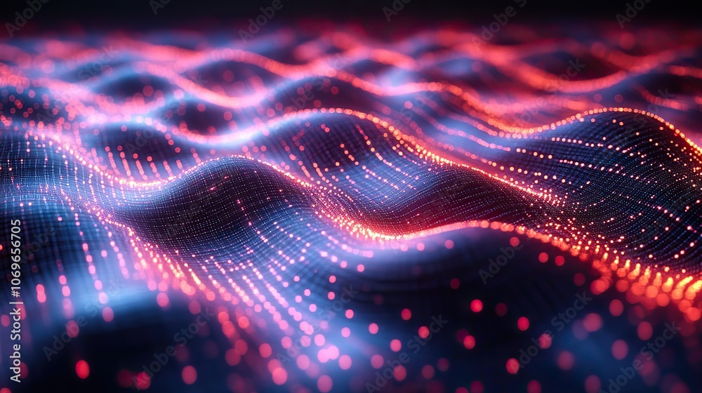 This 3D illustration displays a cyber data stream and digital neural networks, showcasing a wavy open-source surface in a futuristic style. This 3D illustration displays a cyber data stream and digital neural networks, showcasing a wavy open-source surface in a futuristic style.