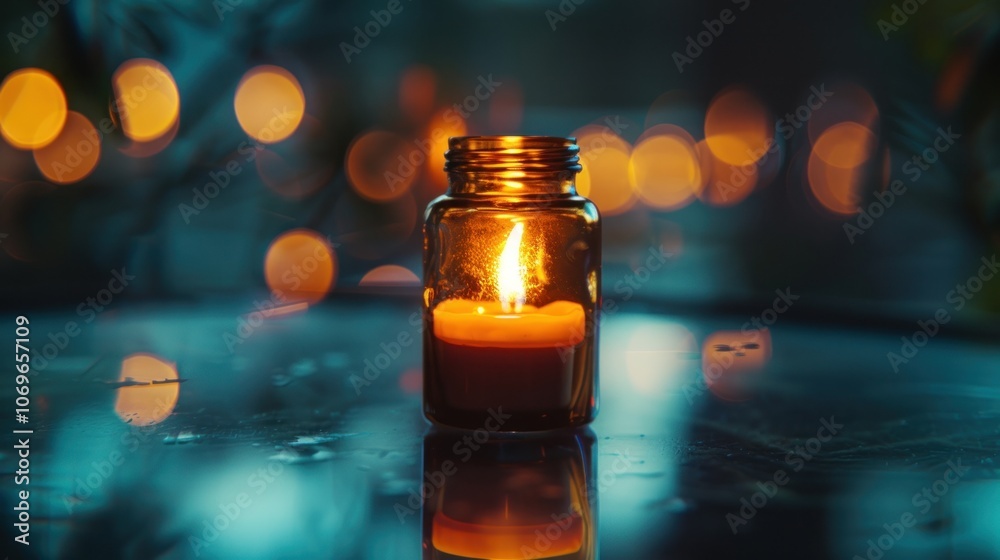 A mysteriously shining candle is placed in a Bottle against a blurred light background A mysteriously shining candle is placed in a Bottle against a blurred light background