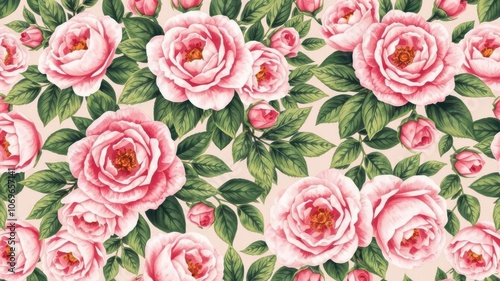 Seamless floral pattern featuring blooming roses and lush green leaves, leaves