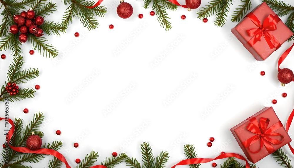 A festive flat lay scene featuring a creative frame of Christmas fir branches, sparkling confetti, vibrant red decorations, and colorful gift boxes, evoking the magic of Christmas and New Year celebra A festive flat lay scene featuring a creative frame of Christmas fir branches, sparkling confetti, vibrant red decorations, and colorful gift boxes, evoking the magic of Christmas and New Year celebra