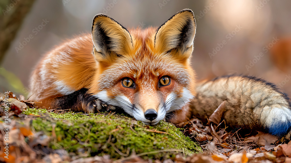 Obraz premium fox with oversized curious eyes reclines on mossy ground, surrounded by autumn leaves. Its vibrant fur and attentive expression evoke sense of wonder in nature