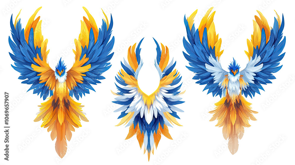 Brightly Colored Flying Birds With Blue and Yellow Feathers Isolated Generative AI