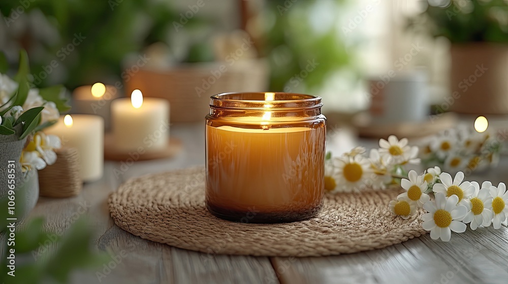 Top-down view of soy wax candle in an amber glass jar and a cream-colored tea light, presented as decorative items. Top-down view of soy wax candle in an amber glass jar and a cream-colored tea light, presented as decorative items.