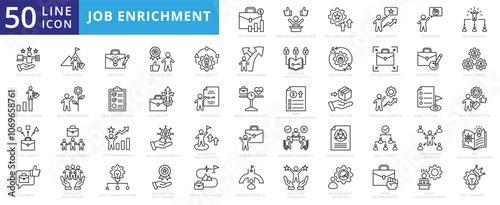 Job enrichment icon set with employee, satisfaction, skill development, motivation, autonomy, empowerment, responsibility, career growth, task variety, feedback, challenge, and creativity