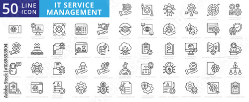 IT service management icon set with itil process, coding, framework, software, management, support ticket, code change, customer service, risk assessment, and performance measurement