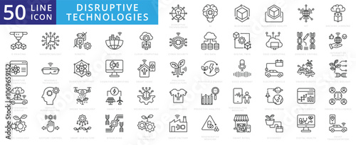 Disruptive technologies icon set with ai, innovation, blockchain, augmented reality, internet of things, machine learning, 3d printing, quantum computing, autonomous vehicle, and biotechnology