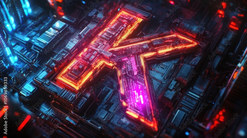 Letter K in cyberpunk style, neon lights and futuristic cityscape Letter K in cyberpunk style, neon lights and futuristic cityscape