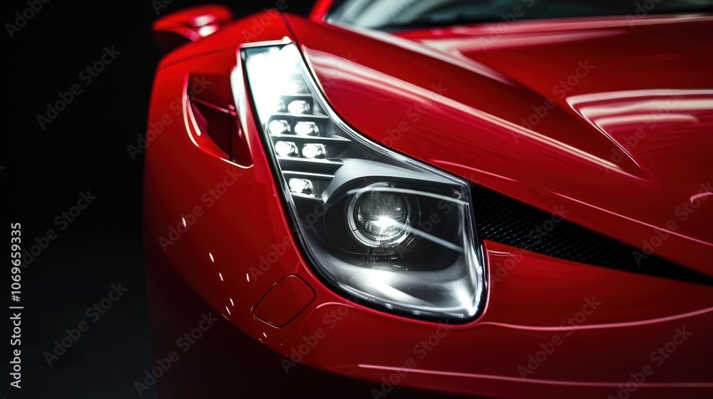 Modern red sports car LED headlights with black background and copy space, AI generated image Modern red sports car LED headlights with black background and copy space, AI generated image