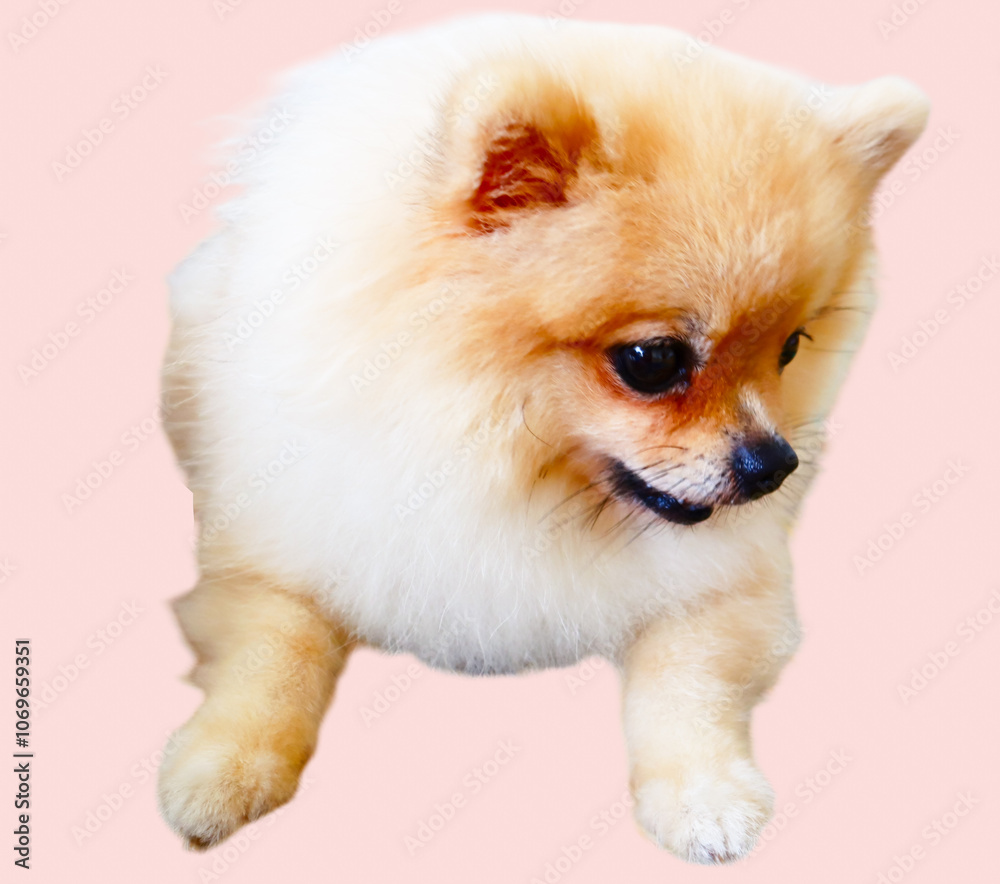 Pomeranian dog in a smiling pose and looking sideways to the left on a separate background. Pomeranian dog in a smiling pose and looking sideways to the left on a separate background.