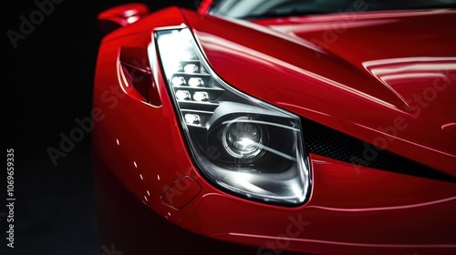 Modern red sports car LED headlights with black background and copy space, AI generated image