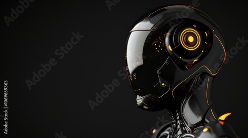 Futuristic android cyborg black robot isolated on black background, AI generated image