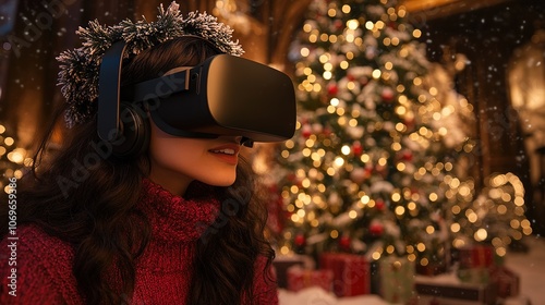 fun and immersive VR Christmas party with friends, where they explore a holiday-themed virtual world, playing games and enjoying a high-tech festive experience.