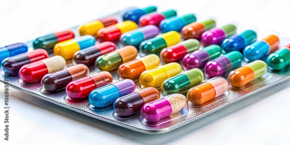 A vibrant array of colorful capsules arranged in a silver blister pack, showcasing the diversity of medication and its potential impact on well-being. A vibrant array of colorful capsules arranged in a silver blister pack, showcasing the diversity of medication and its potential impact on well-being.