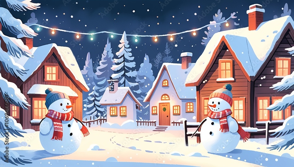 Charming winter wonderland with snowmen and cozy houses in festive night Charming winter wonderland with snowmen and cozy houses in festive night