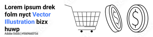 Shopping cart, two dollar coins, and placeholder text. Ideal for online retail, e-commerce, digital marketing, financial services, startups, investment platforms, educational materials. Banner