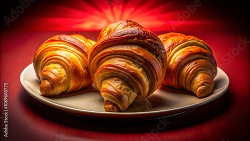 A trio of golden brown croissants, freshly baked and arranged on a white plate, bathed in warm light, inviting a delightful and indulgent breakfast experience.