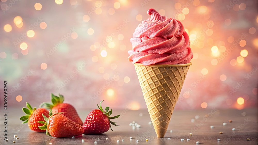 A sweet and creamy strawberry ice cream cone with a soft pink swirl and fresh strawberries scattered on a surface with a bokeh background