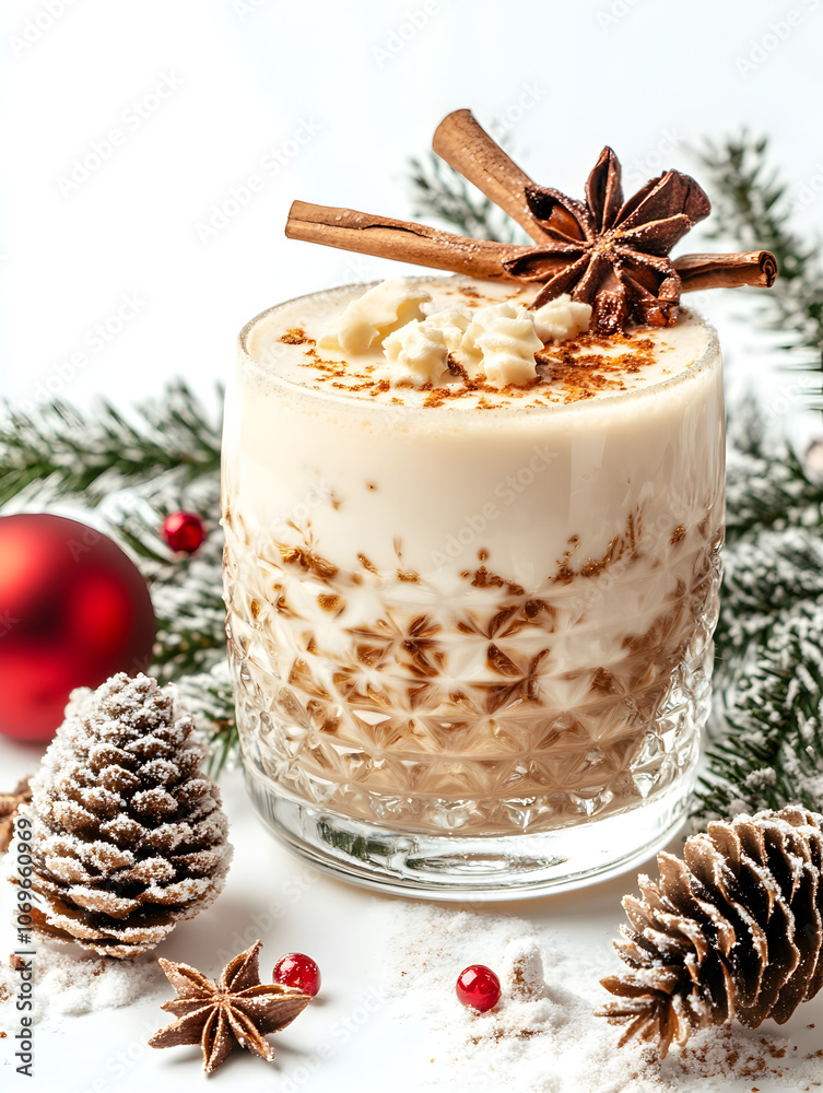 Delight in festive flavors enjoy a creamy holiday drink with spices and pine cones Delight in festive flavors enjoy a creamy holiday drink with spices and pine cones