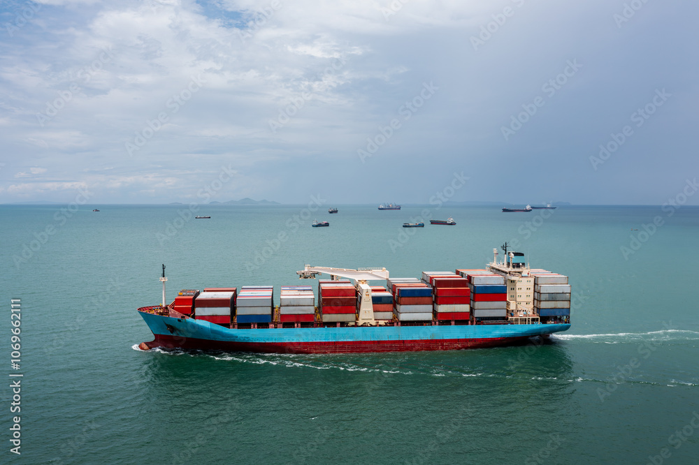 shipping logistic cargo container ship in sea import export goods and distributing products to dealer and consumers across worldwide, by container ship transport business, industry delivery service. shipping logistic cargo container ship in sea import export goods and distributing products to dealer and consumers across worldwide, by container ship transport business, industry delivery service.