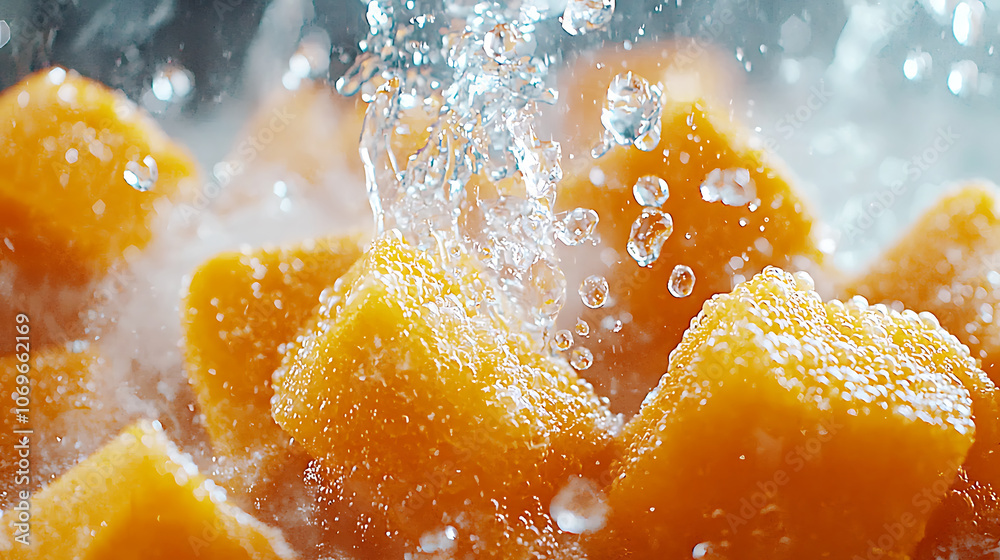 Vibrant kabocha squash chunks being simmered in coconut water, creating delightful splash as they cook. bright orange color contrasts beautifully with water droplets Vibrant kabocha squash chunks being simmered in coconut water, creating delightful splash as they cook. bright orange color contrasts beautifully with water droplets
