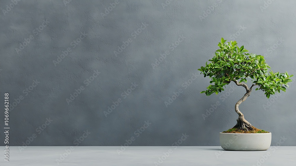 A small bonsai tree is sitting in a white bowl on a grey wall A small bonsai tree is sitting in a white bowl on a grey wall
