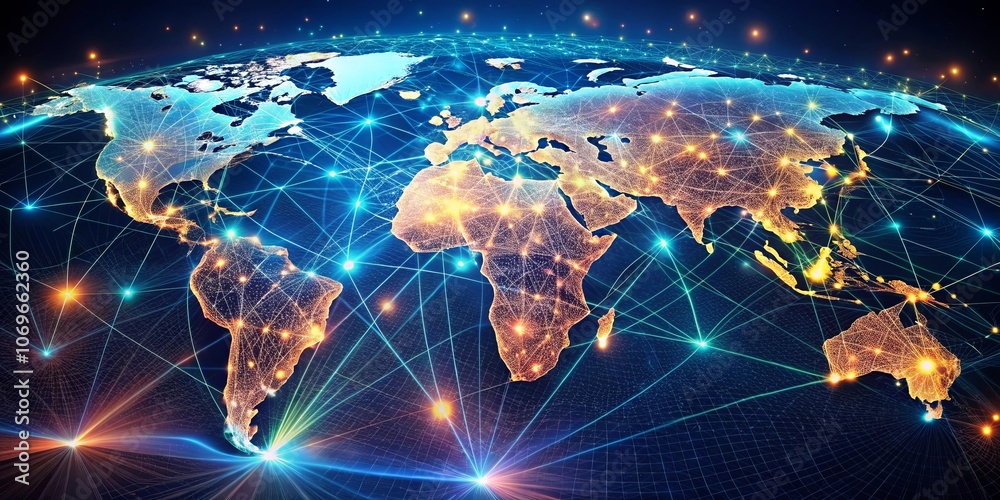 A glowing, intricate network of interconnected lines and nodes symbolizing global communication and data flow, with a focus on the continents and a deep blue background. A glowing, intricate network of interconnected lines and nodes symbolizing global communication and data flow, with a focus on the continents and a deep blue background.