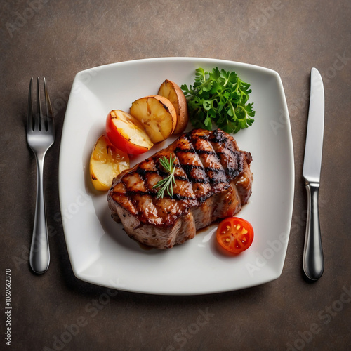 a steak and a fork are on a plate with a knife and fork.