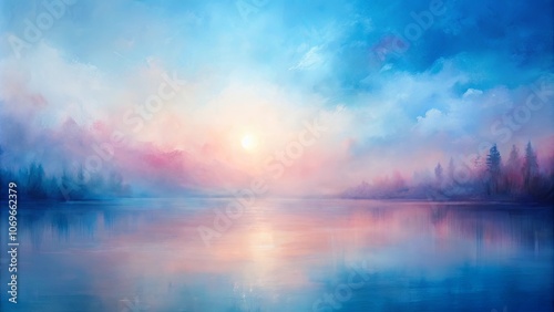 A Misty Sunrise Over a Serene Still Water Lake Reflecting the Soft Pastel Hues of the Dawn Sky