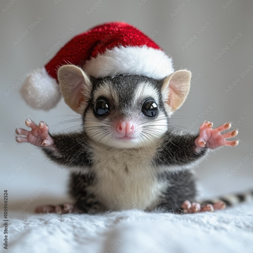 Adorable tiny sugar glider in santa hat with large dark eyes parachuting joyfully for the holidays Adorable tiny sugar glider in santa hat with large dark eyes parachuting joyfully for the holidays