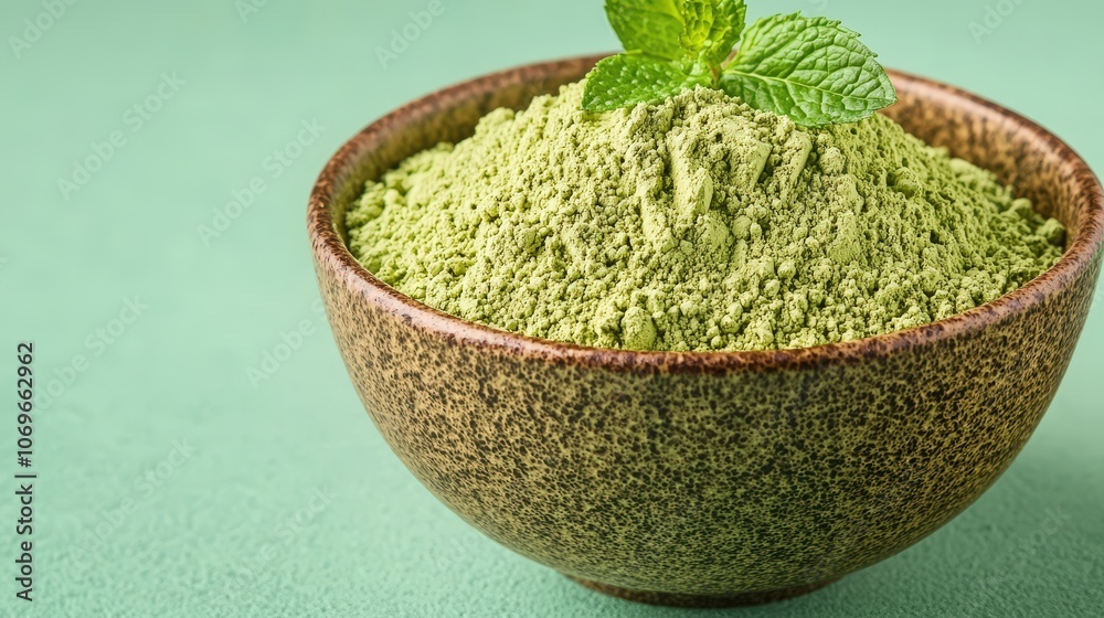 Green Matcha Powder in Bowl with Mint Leaves on Green Background