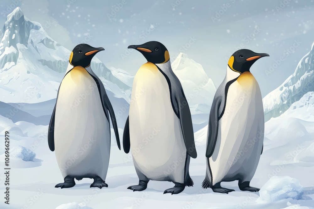 Fototapeta premium Three Emperor Penguins Standing on Snow in Front of Snowy Mountains