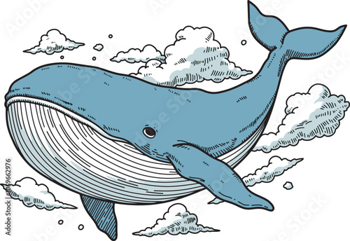 Big blue whale hand drawn design art