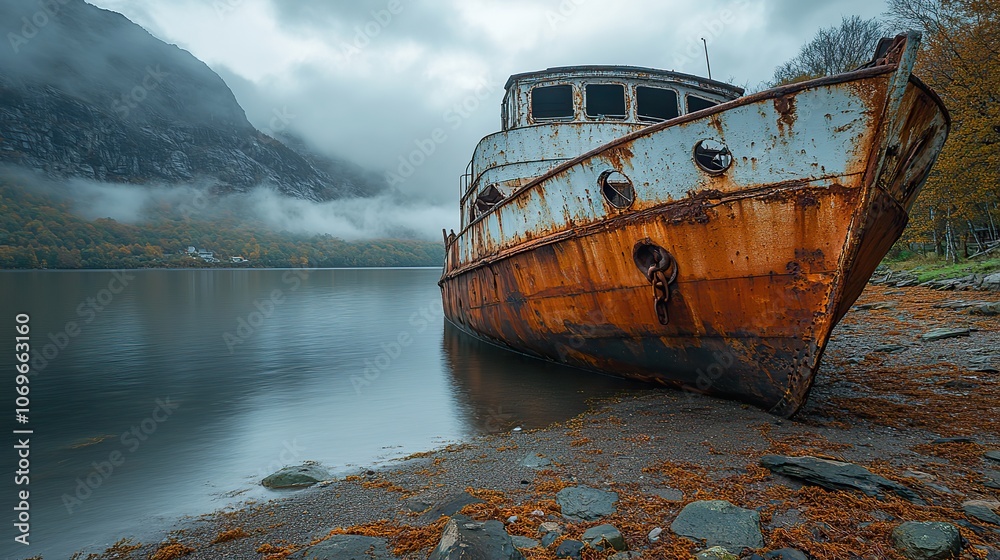 Wide-angle view of an abandoned rust-covered iron ship resting on the shore near a lake. Wide-angle view of an abandoned rust-covered iron ship resting on the shore near a lake.