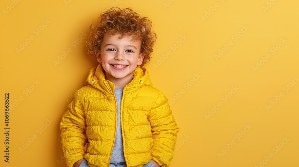 Happy Child in Yellow Jacket on Yellow Background   Portrait  Kid  Smiling  Joy  Fun  Casu