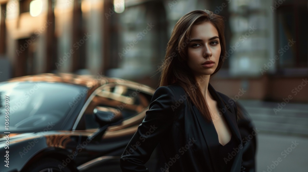 Beautiful businesswoman in suit standing and posing next to luxury black sports car, Beautiful businesswoman in suit standing and posing next to luxury black sports car,