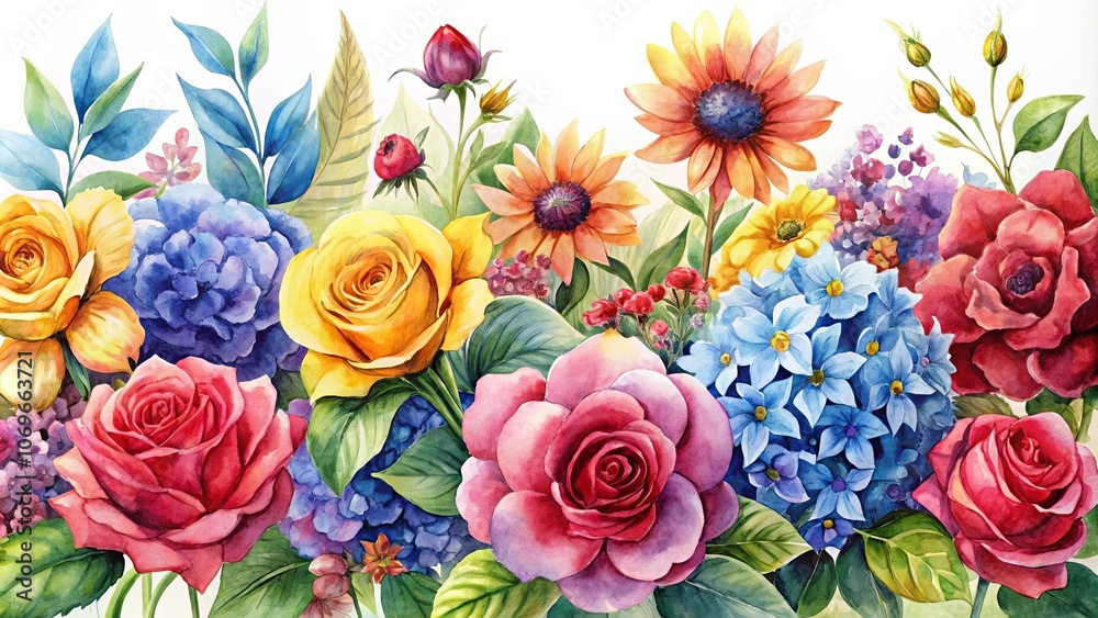 Fototapeta premium A Watercolor Tapestry of Blooms, Including Roses, Sunflowers, Hydrangeas, and Delicate Flowers in Vibrant Hues