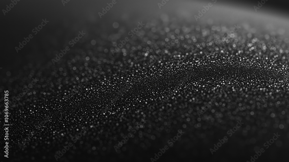 Macro shot of a black sandpaper surface with fine, glittering particles, creating a textured, sparkling effect under subtle lighting, evoking an elegant and abstract appearance