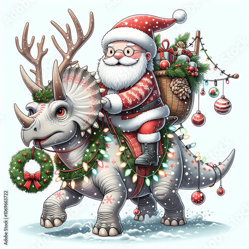 Dinosaur Santa Christmas, T-rex Christmas, Santa riding T-rex photo