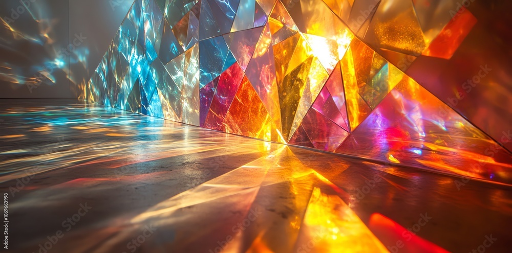 Colorful glass mosaic wall with light reflecting on the floor. Colorful glass mosaic wall with light reflecting on the floor.